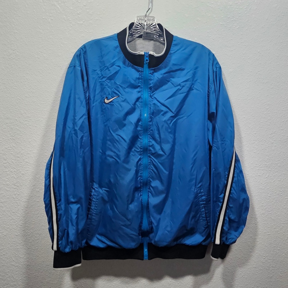 Vintage Nike Kids XL Blue Full Zip Windbreaker‎ Jacket Racing Stripe Swoosh